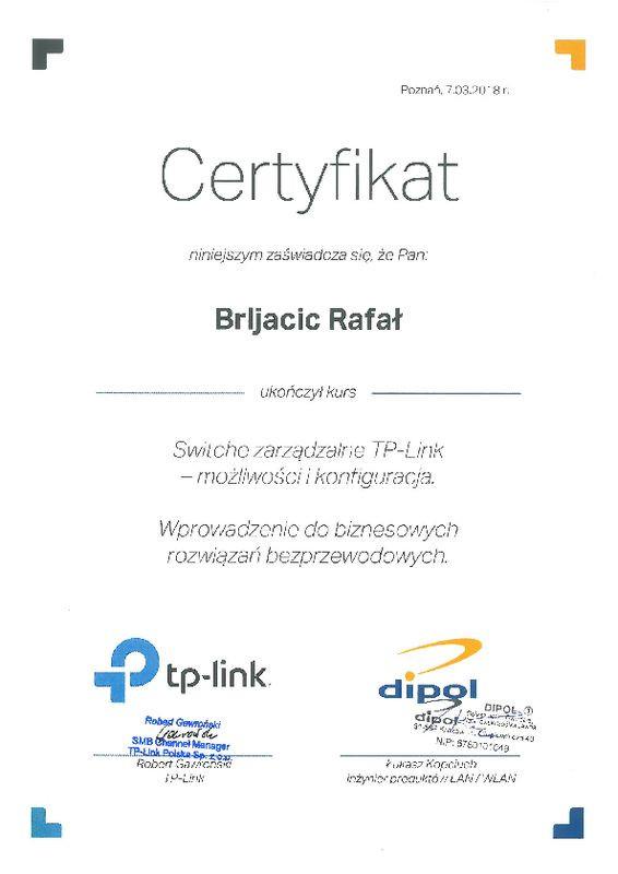 Certyfikat Switche zarządzalne TP LINK 07.03.2018