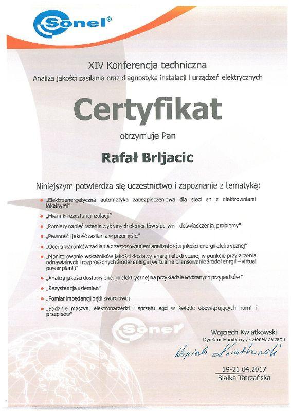 Certyfikat XIV Konferencja techniczna SONEL 21.04.2017